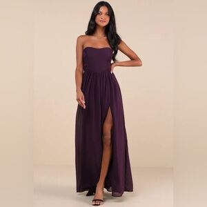 NWT lulus Dark Purple Strapless Ruched Front Slit Maxi Dress XL
